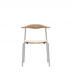 Modern office stool with slim, designed back and round wooden base with aluminum legs
