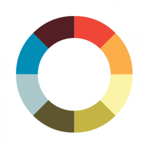 Color wheel including shades of red, orange, tan, olive green, dark green, light blue, dark blue, and burgundy