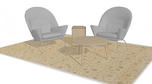 3D layout plan for office social space with two high-backed chairs, round coffee table, and square side table