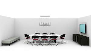 3D design plan for collaborative office space including white meeting table, black mobile conference chairs, storage cabinet, and wall-mounted monitor