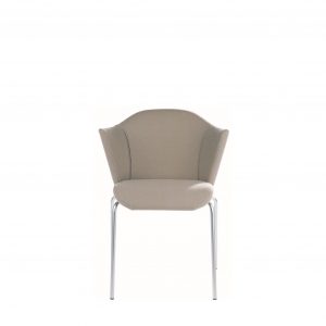 Elegant, curved-back side chair with white upholstery, high armrests, and aluminum legs