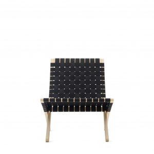 Wooden outdoor chair with interwoven fabric back and seat