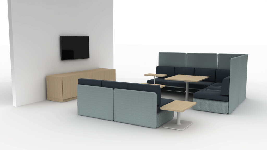 Modern lounge booth with blue upholstered seating, side tables, wall-mounted screen, and storage cabinet