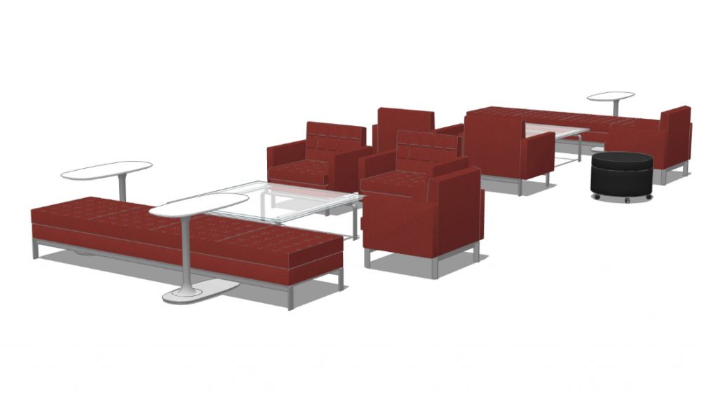 3D design layout for office social space with plush armchairs, ottoman stools, benches, and tables