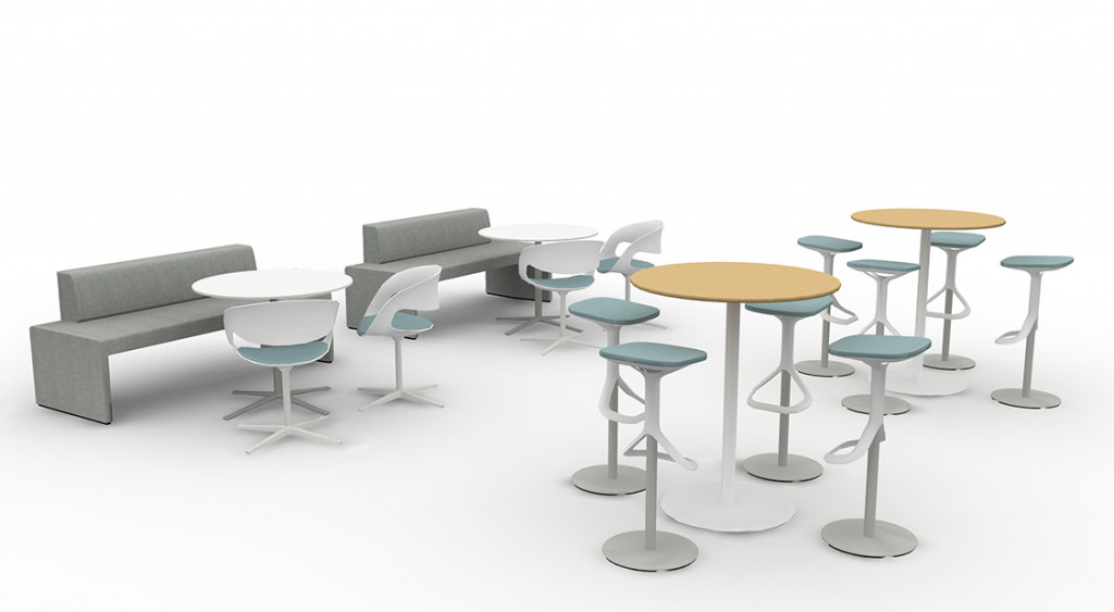 3D layout for office dining space with cafe-height tables and stools, side chairs, and lounge sofas