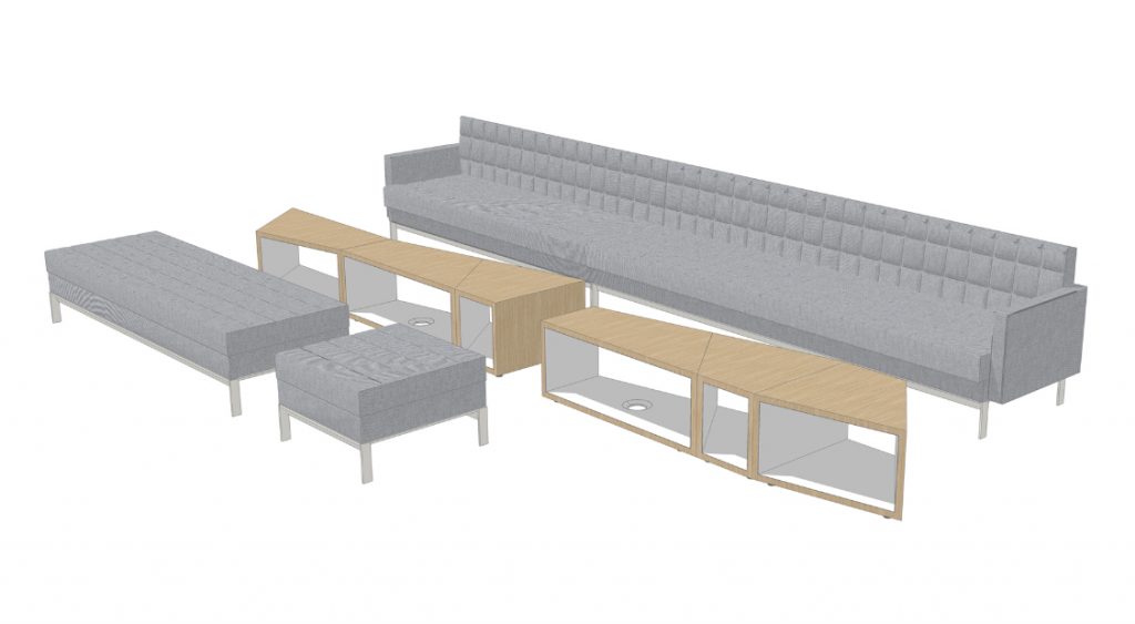 3D design idea for office lounge space with bench seating, long grey couch, and open-design wooden coffee tables