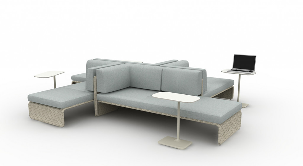 3D layout idea for office focus area with four connected lounge couches and side tables for laptops