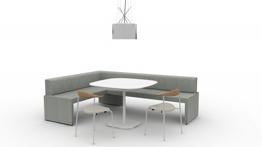 Design for corner seating in office lounge space with sectional couch, coffee tables, and stools