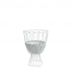 Outdoor flower vase with deep white bowl and matching metal wire design around base and sides