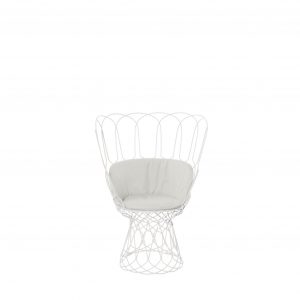 High backed metal wire outdoor chair with white upholstery