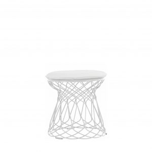 White wire outdoor patio stool with matching upholstered cushion for sitting