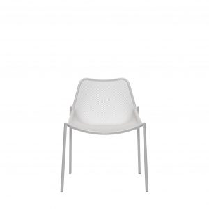 Rounded, low-back white metal outdoor office chair with white legs and hardware