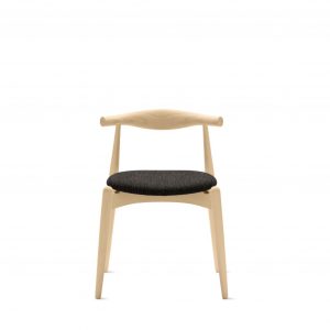 Wooden office guest chair with streamlined back and black upholstered seat cushion