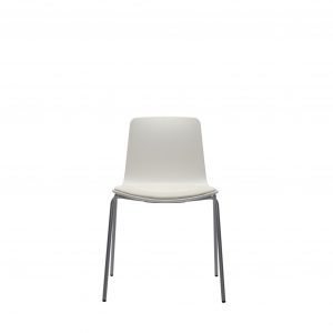Slim modern office side chair with curved white base, white upholstery, and aluminum legs