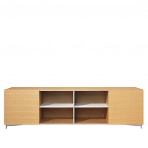 Low wooden credenza with four open storage cubbies and cabinet doors