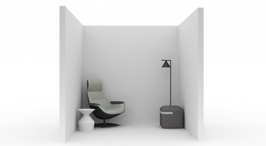 Design idea for office rejuvenation space with high-backed lounge chair, ottoman, side table, and tall privacy walls
