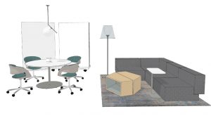 Design plan for collaborative spaces including corner sofas, mobile office chairs, and movable whiteboards