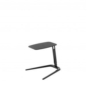 Chair-side collapsable black office work table with wide base, folding desk surface, and adjustable legs