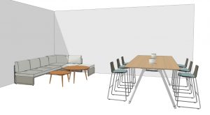 Design plan for office lounge space including wooden top table, counter-height seats, wooden round side tables, and corner sofa