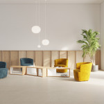 Four Joel Lounge Chairs together, two are blue and the other two are yellow.
