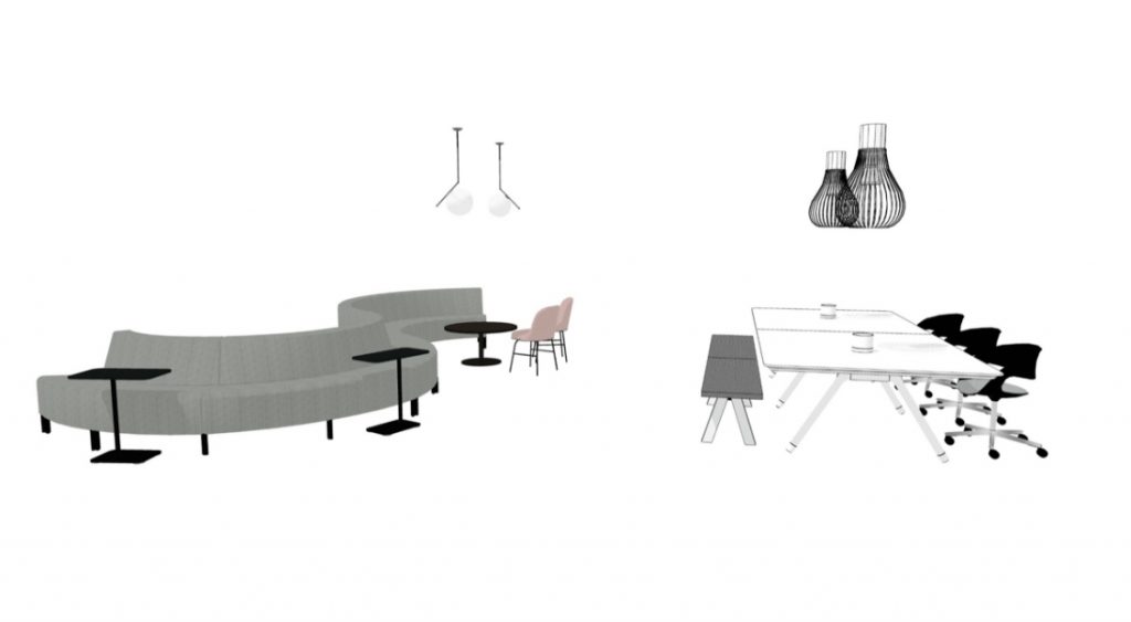 Design idea for office lounge space featuring curved sectional couch and collaborative table for work and dining