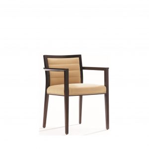 Slim wooden guest chair with dark-stained wood frame and light tan upholstery