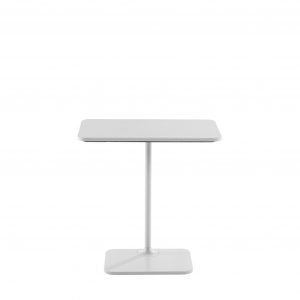 Flat rectangular office side table with rounded corners and metal base, all finished in white