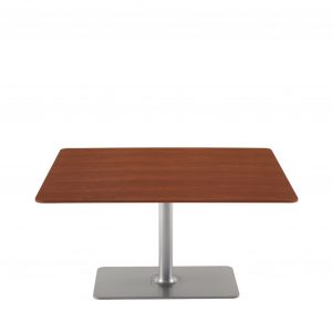 Wide, flat, rectangular office side table with wooden top and polished aluminum base