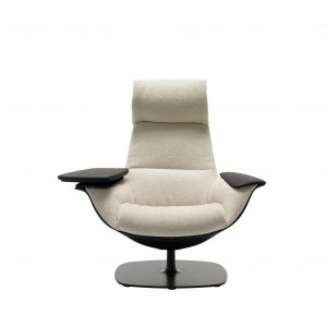 High backed, plush white office lounge chair with low armrests and black metal base