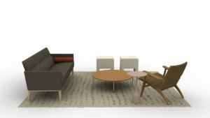 3D rendering of grey couch, wooden lounge chair, round coffee table, white side table, and storage cubes