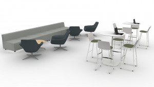 3D design idea for office social space, featuring bench seating, lounge chairs, and cafe tables