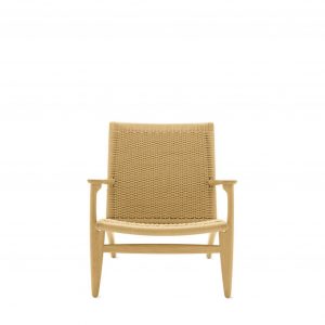 Wood office side chair with woven paper seat and back and wooden base and arms