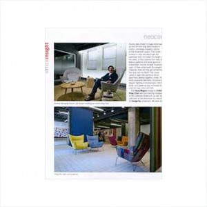 Clipping from press article with images of office lounge spaces and lounge furniture