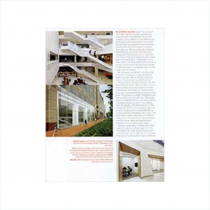 Excerpt of magazine detailing interior architecture with staircases and glass window walls