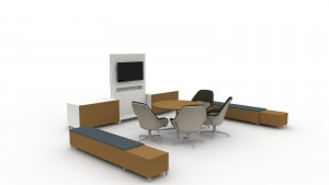 3D design plan for office meeting room with round meeting table, conference chairs, storage cabinets, and monitor on wall