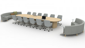 3D plan for office conference room with long oval table, matching orange meeting room chairs, and curved couches at either end of room