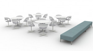 3D render of office lounge area with white tables, white plastic lounge chairs, and long blue upholstered lounge bench