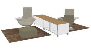 Design plan for office focus area with two high-backed privacy chairs, matching ottomans, and wooden storage cabinet for books