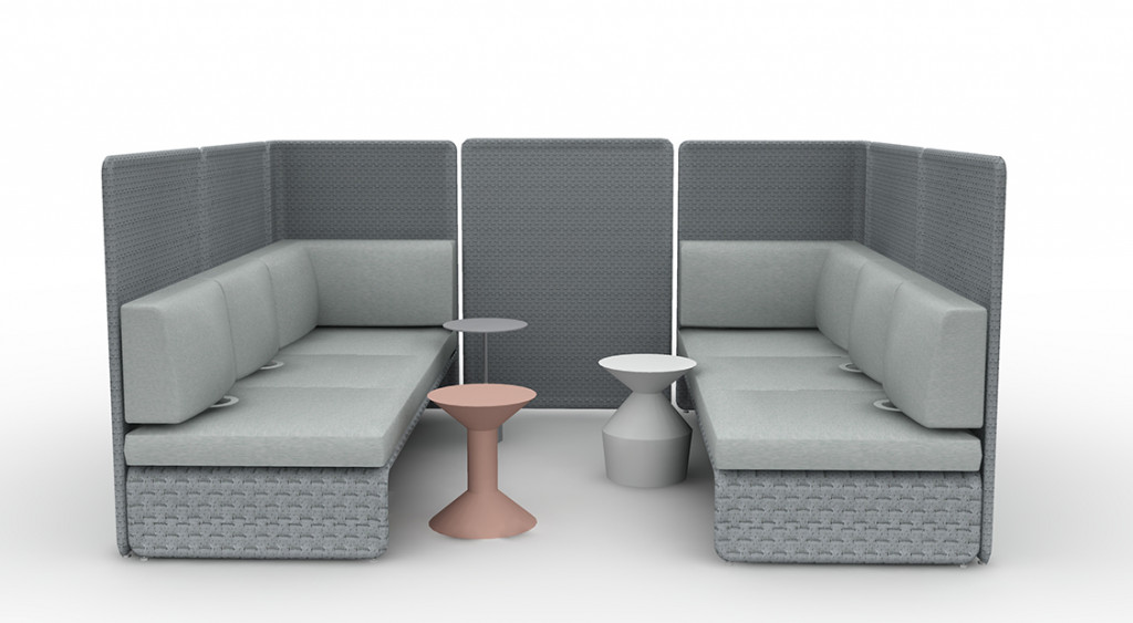 3D design for private office collaboration space with small tables, bench seating, and high foldable privacy screens