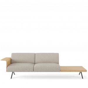 Sistema office lounge sofa with two seats in light gray upholstery and a light wood finish bench on the right side