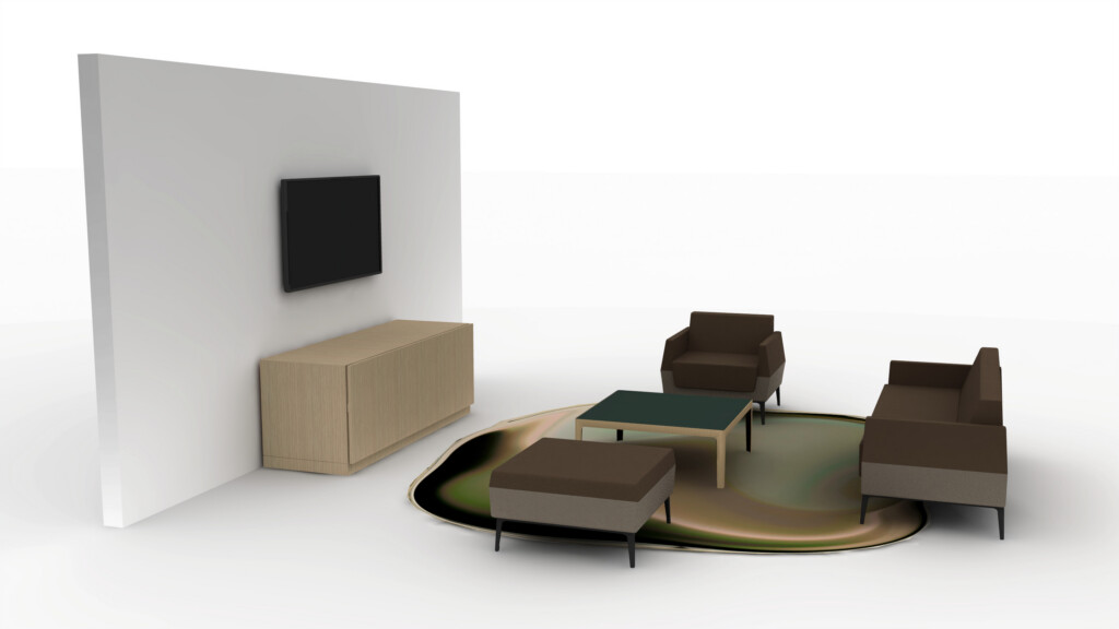 Modern conference room with lounge seating, area rug, center coffee table, wall-mounted screen, and storage cabinet