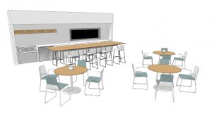 Design plan for office lounge space offering dining tables, storage cabinets, and wall-mounted monitors