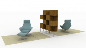 Design idea for focus space in office with wooden bookshelves and high-backed blue lounge chairs