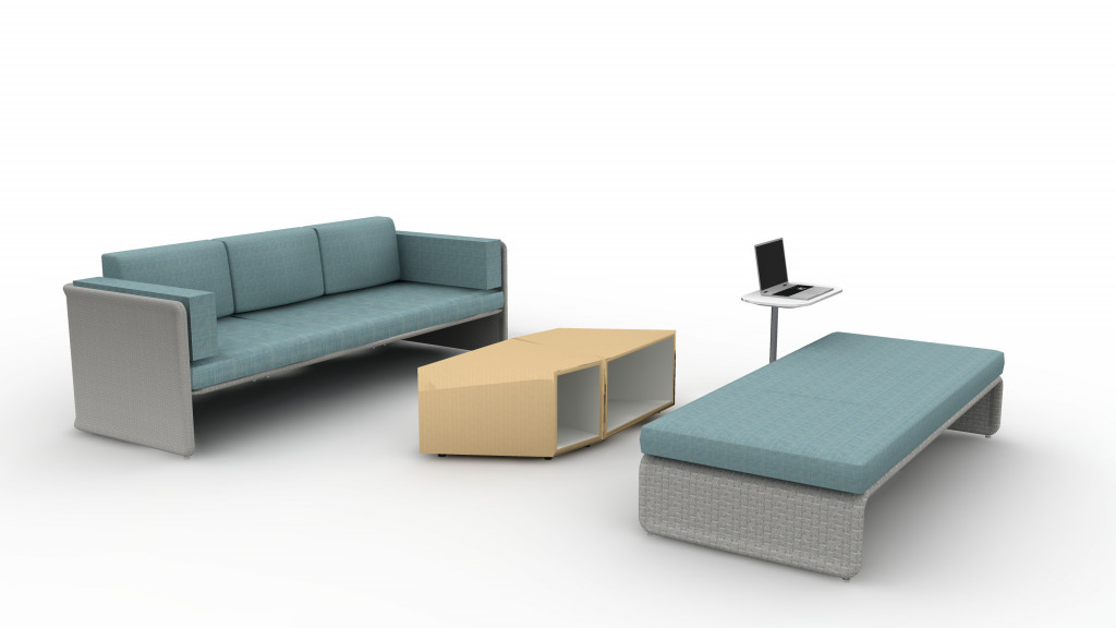 CGI design plan for social space in office with orange couch, matching bench seating, and open tables