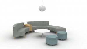 CGI images of office social furniture with rounded sectional couch, mobile ottomans, and circular wooden coffee table