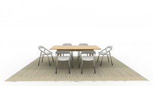 CGI design idea for office social space with low-profile chairs and white long meeting table