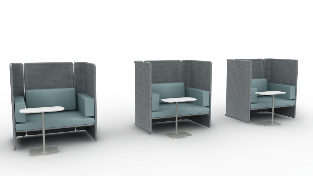 3D plan for office quiet collaboration area with three matching chairs and privacy screens