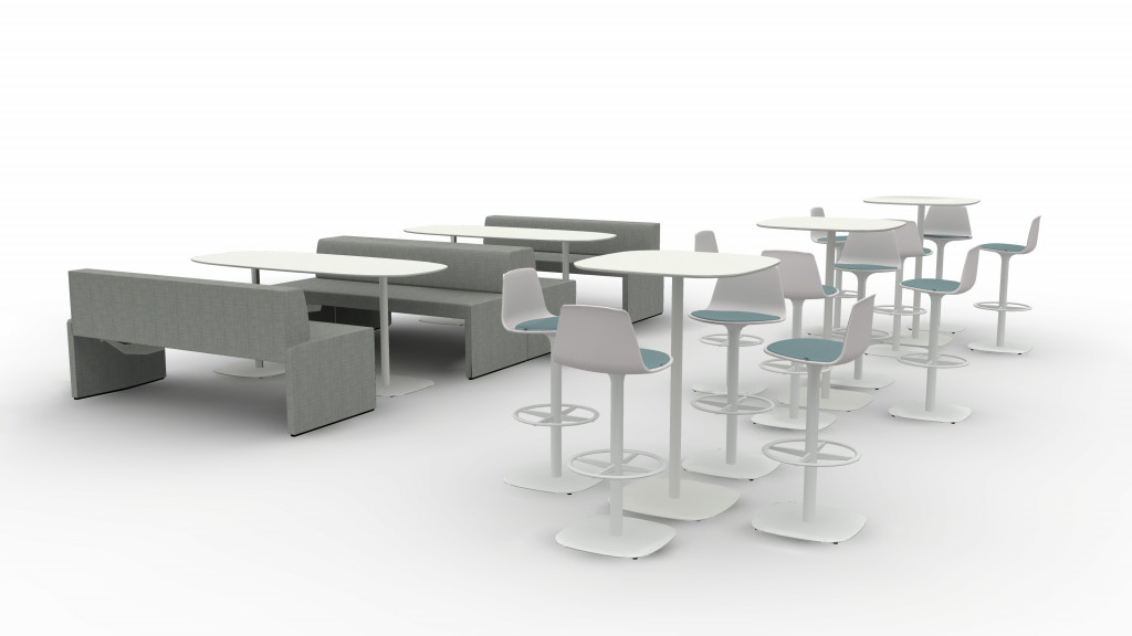Three-dimensional blueprint of office lounge layout, with tables, individual counter-height chairs, and bench seating