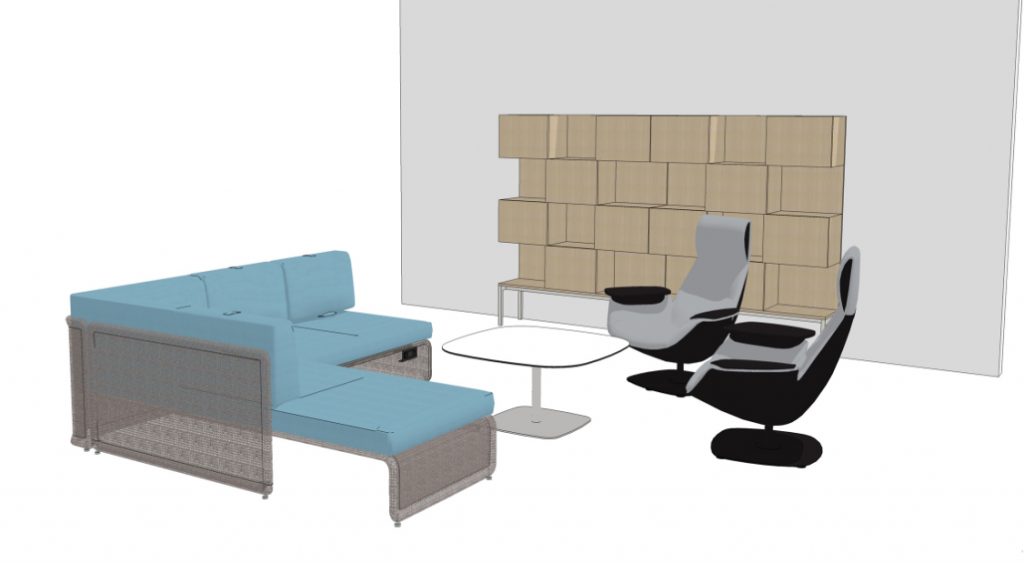 3D renders of office social space layout, featuring blue sectional couch, high-backed lounge chairs, cafe table, and wooden wall installations