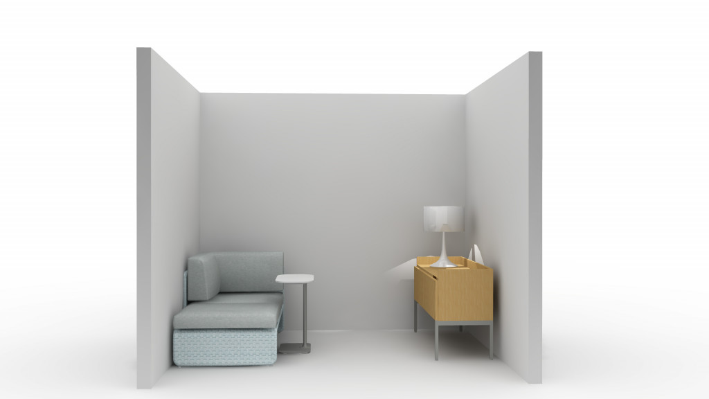 3D design idea for office private focus space with upholstered corner seating and bookcase